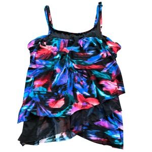 Miraclesuit Womens Tiered Tankini Top Abstract Floral Blue Pink Black Size 14